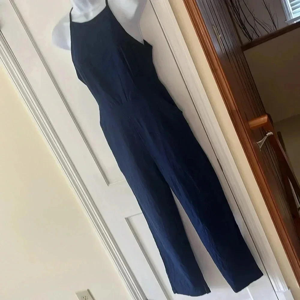 Urban Outfitters Linen Blend‎ Hattie Jumpsuit Women’s Size 4 Navy Blue Coastal - Picture 5 of 17